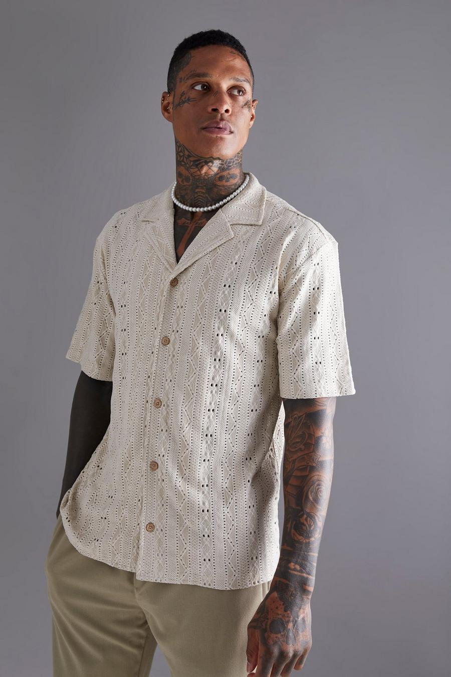 Taupe beige Short Sleeve Crochet Shirt