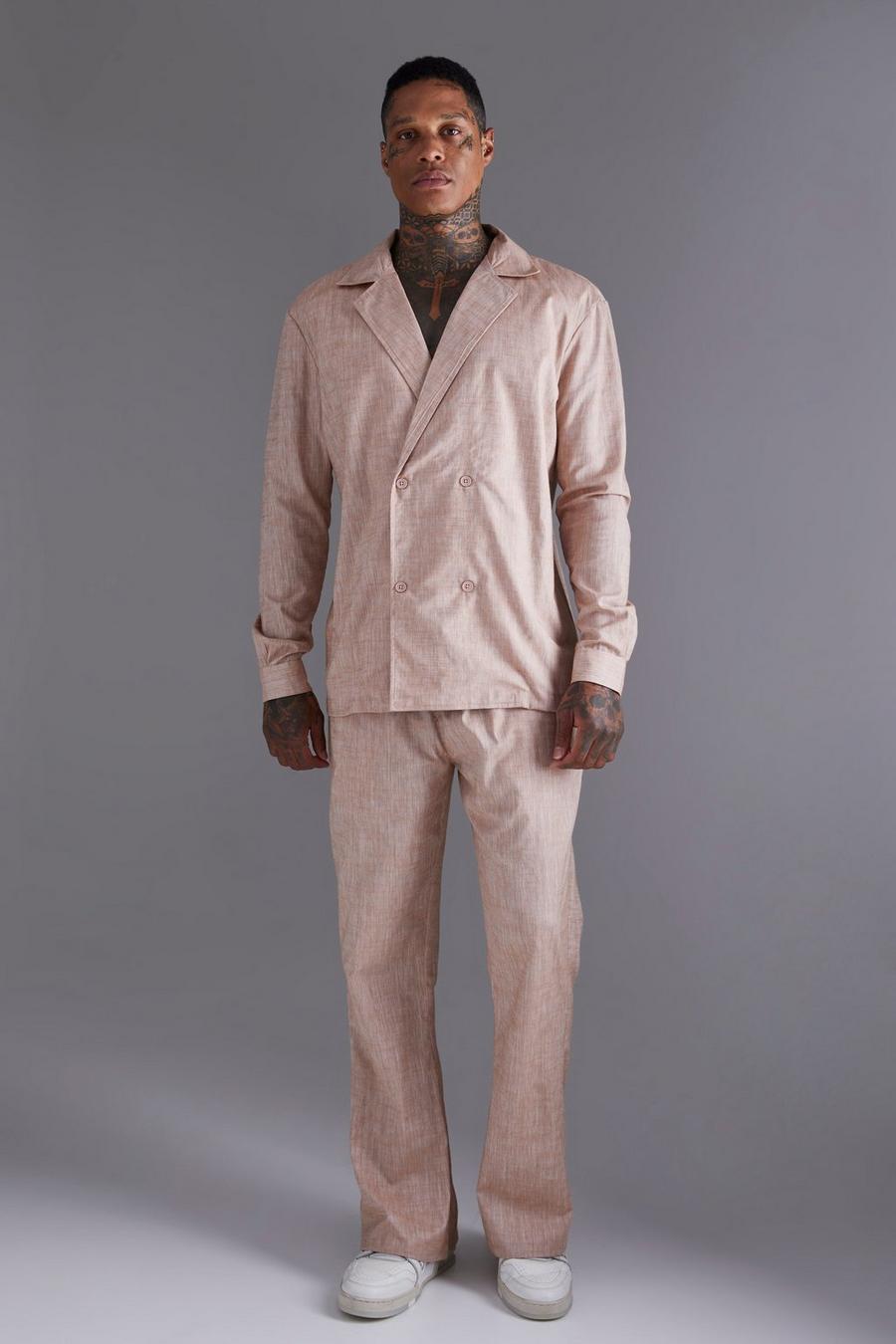 Camel beige Linen Look Double Breasted Shirt And Flared Trouser Set image number 1