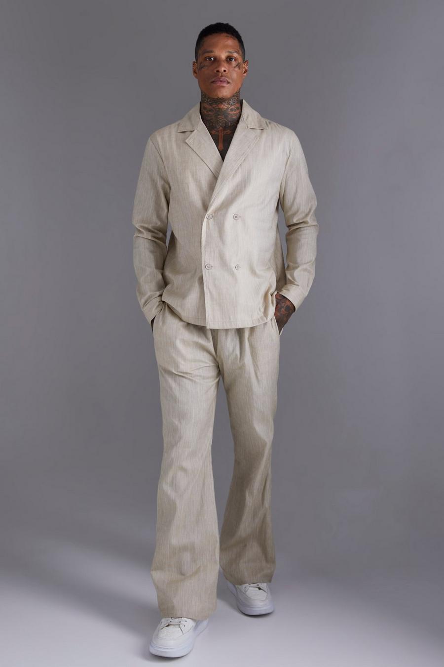 Taupe Linen Look Double Breasted Shirt And Flared Trouser Set image number 1