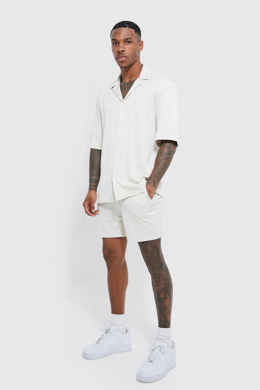 Kurzärmliges strukturiertes Jersey-Hemd und Shorts, Ecru white