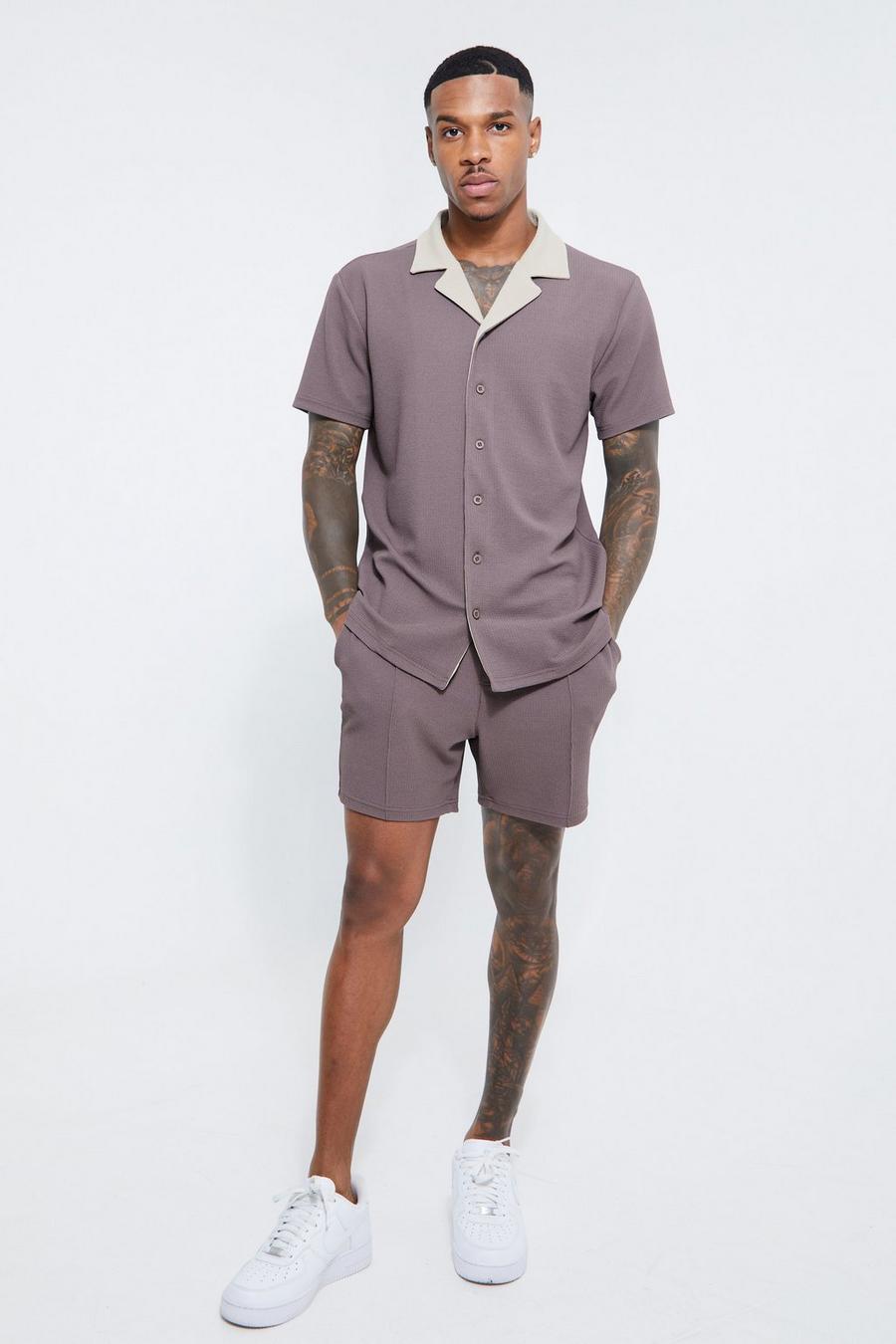 Chocolate Short Sleeve Textured Jersey Shirt And Short image number 1