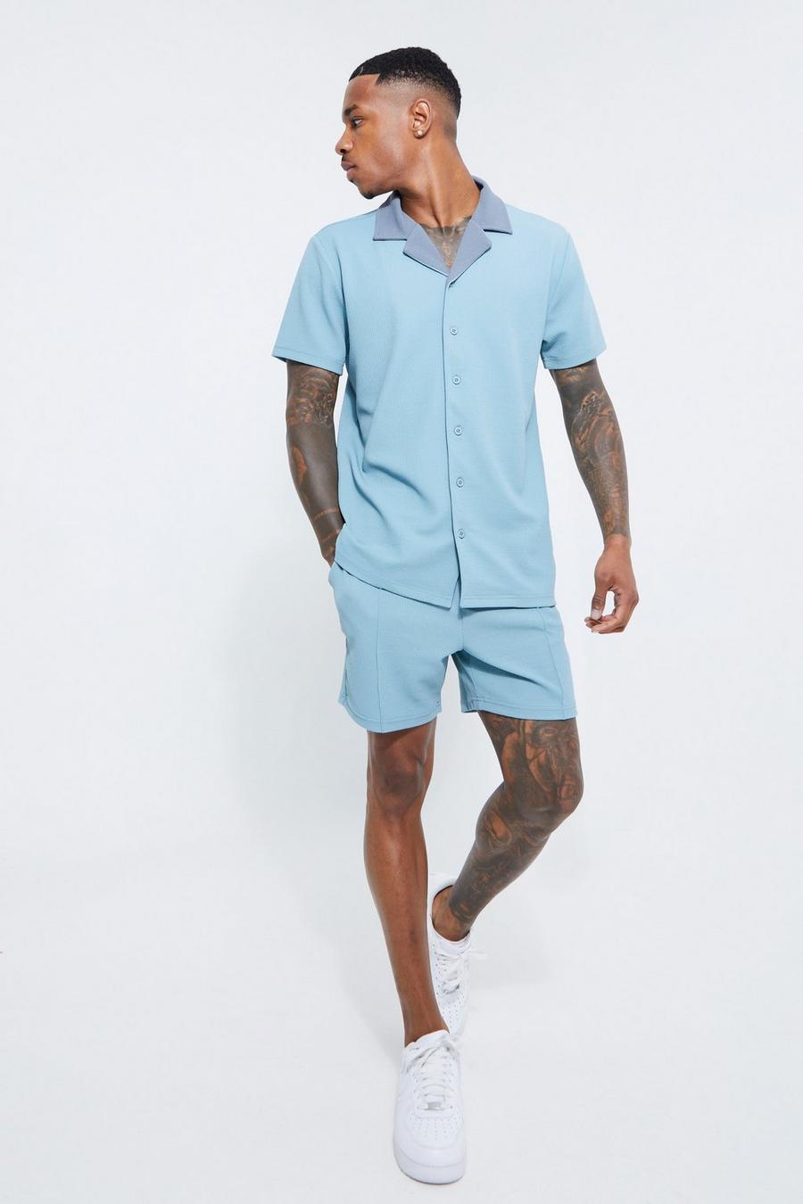 Dusty blue Short Sleeve Textured Jersey Shirt And Short image number 1