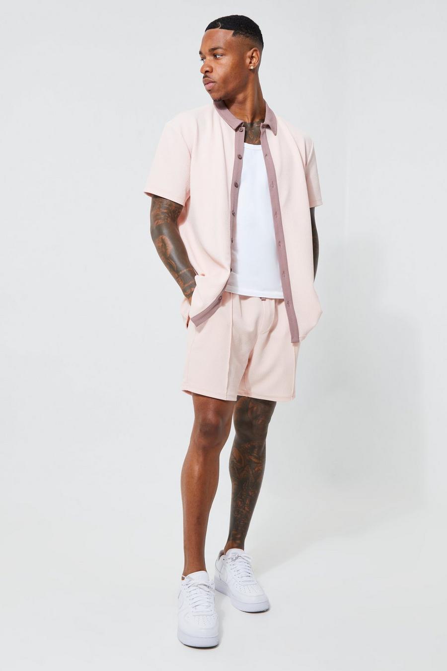 Pale pink Short Sleeve Textured Jersey Shirt And Short image number 1