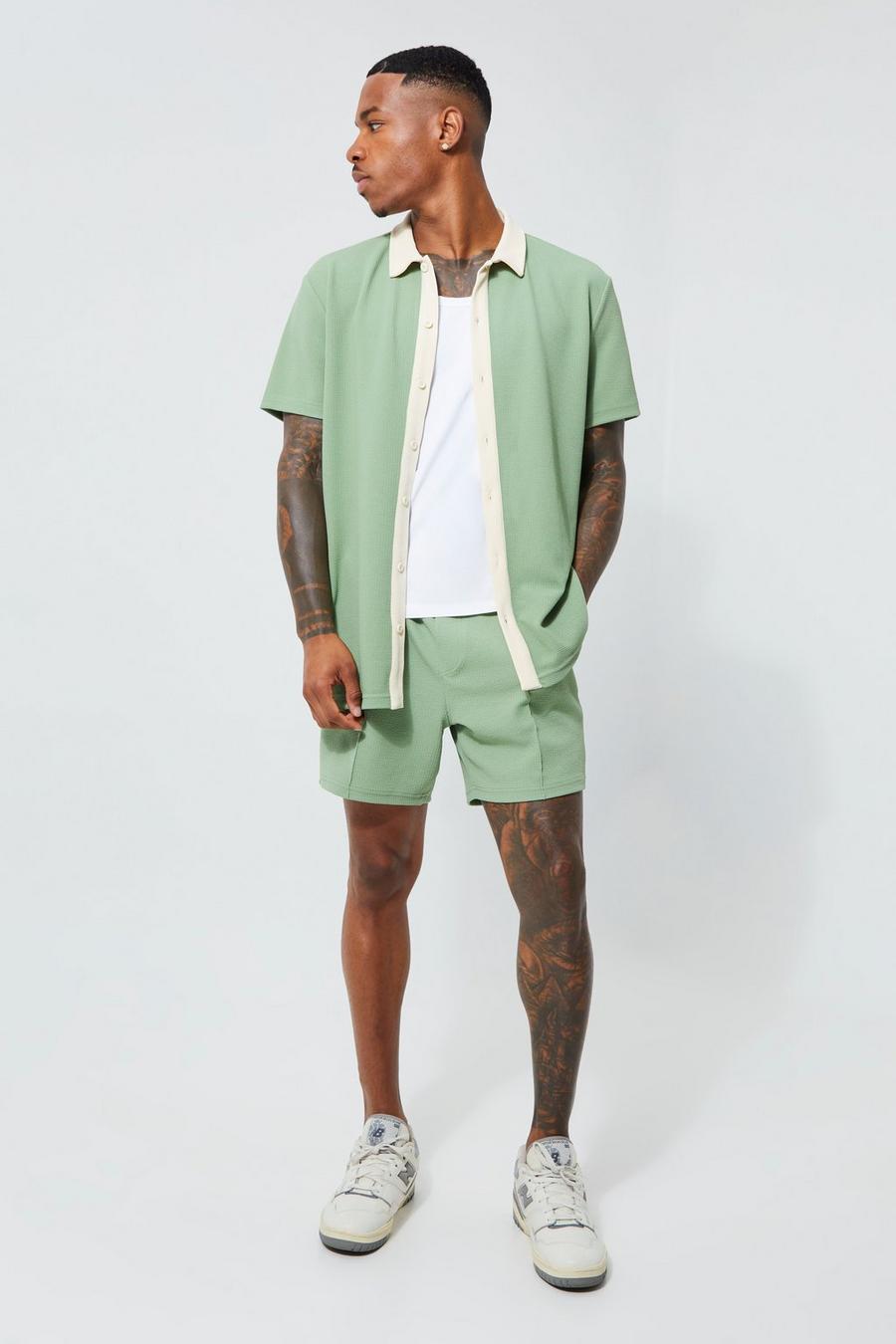 Sage green Short Sleeve Textured Jersey Shirt And Short