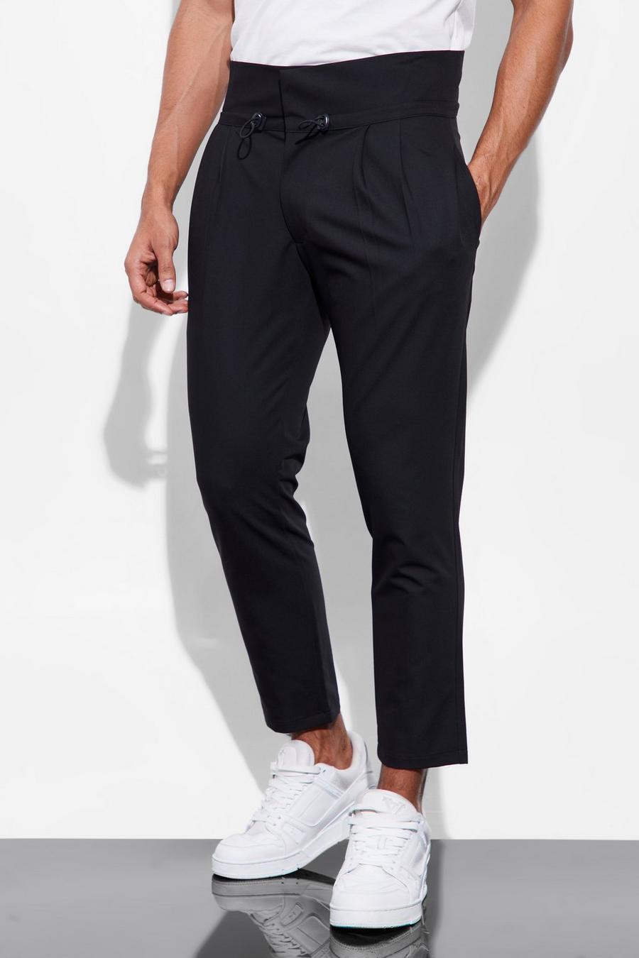 Black High Rise Toggle Waistband Tapered Trouser