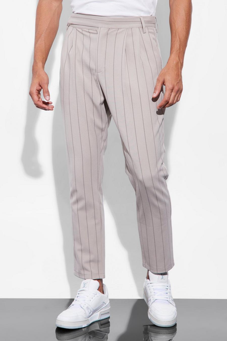 Taupe High Rise Stripe Tapered Tailored Trouser image number 1