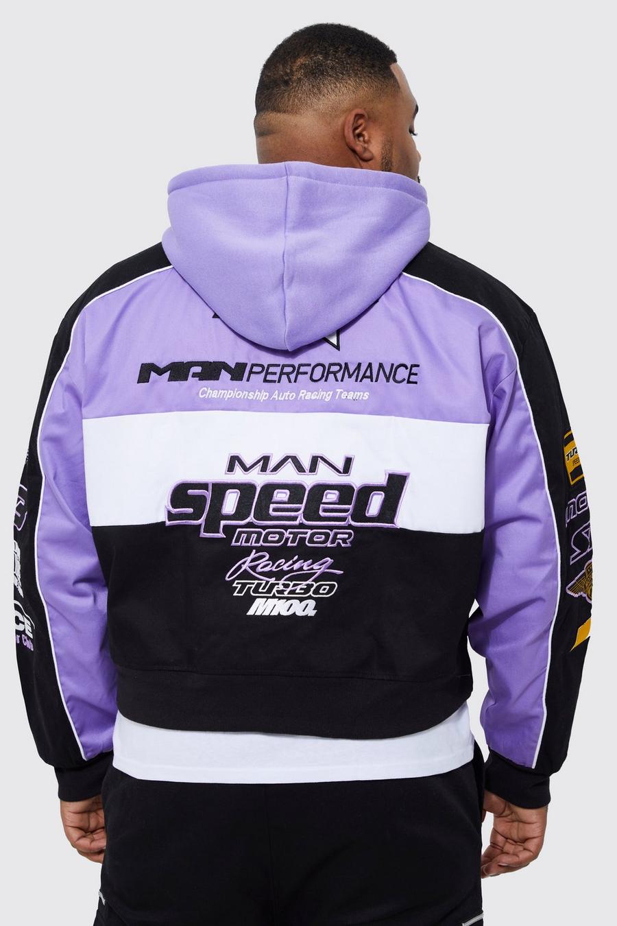 Lilac Plus Boxy Twill Moto Jacket With Jersey Hood image number 1