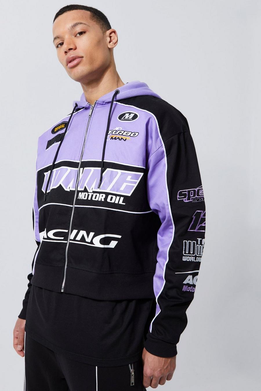 Lilac purple Tall Boxy Twill Moto Jacket With Jersey Hood