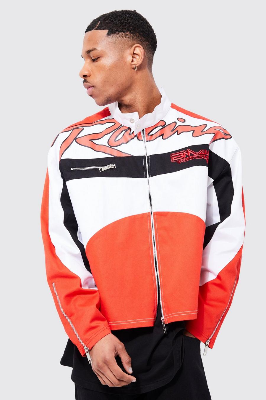 Red rosso Boxy Twill Funnel Neck Moto Jacket