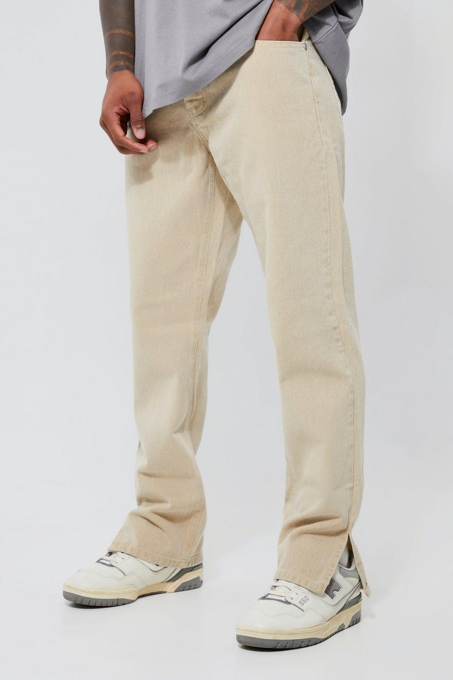 Stone beige Straight Leg Overdye Split Hem Jeans image number 1