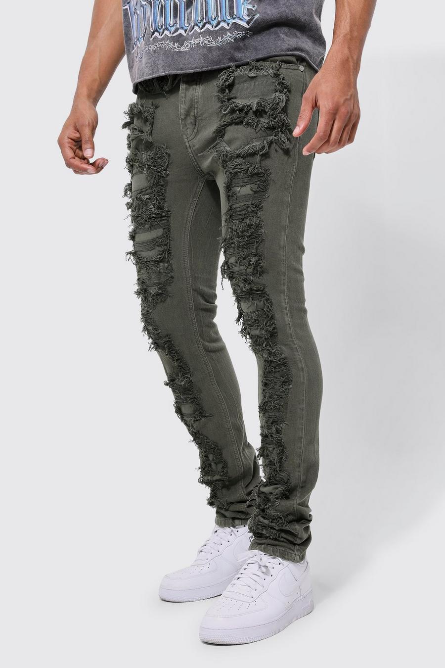 Khaki Slim Fit Ripped Overdye Stacked Jeans