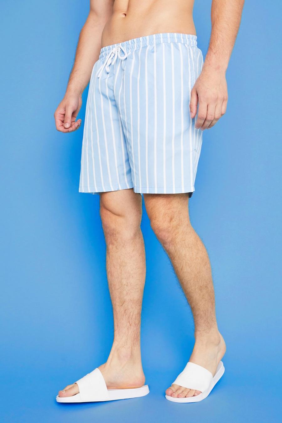 Light blue blå Tall Mid Length Striped Swim Shorts