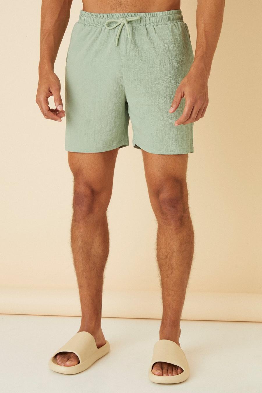 Green grön Mid Length Seersucker Swim Shorts image number 1