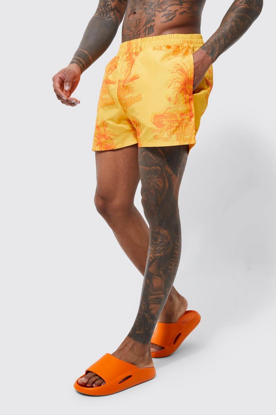 Orange Short Length Palm Swim Shorts