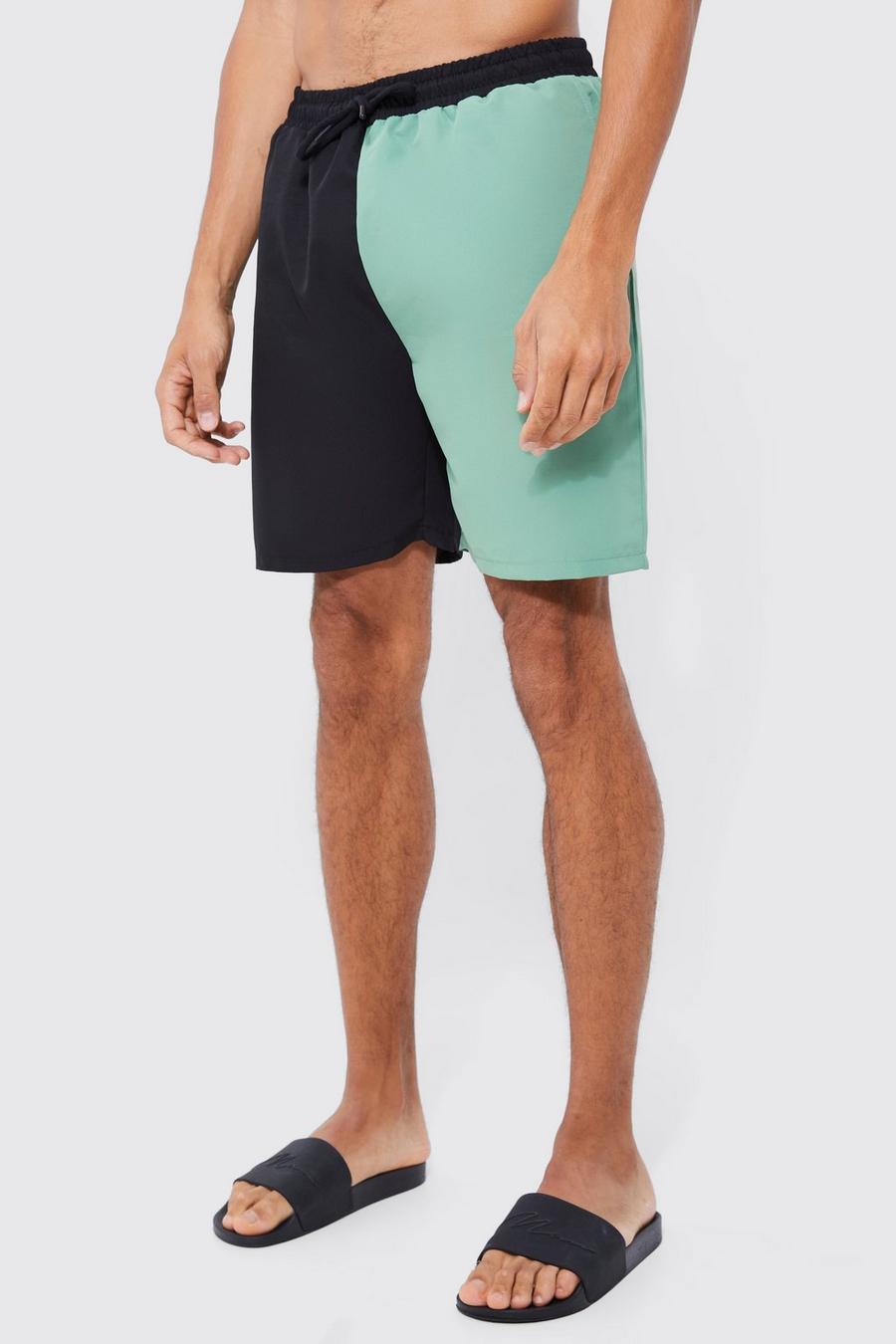 Khaki Tall Mid Spliced Waistband Man Swim Shorts