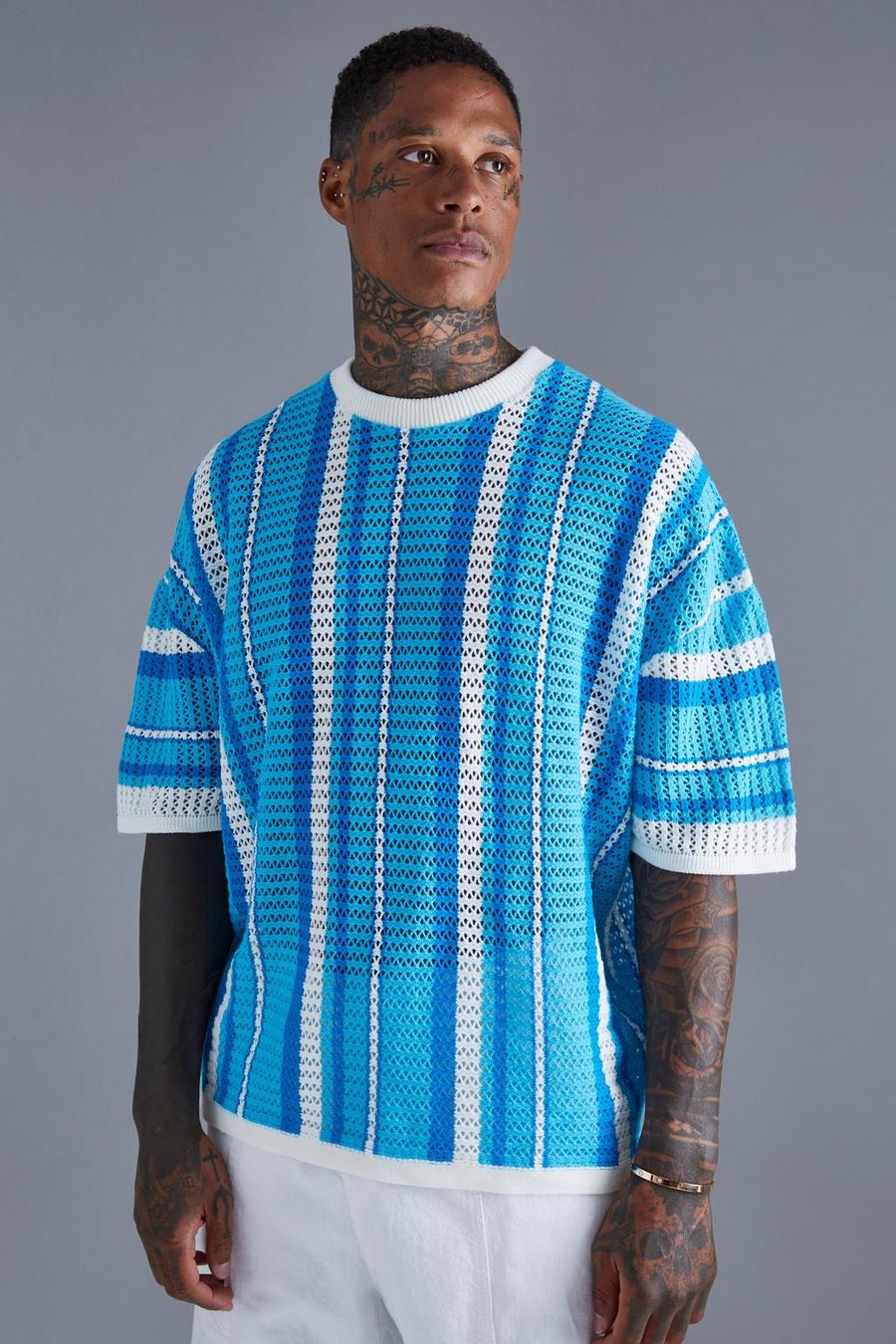 T-shirt oversize en crochet à rayures, Blue image number 1