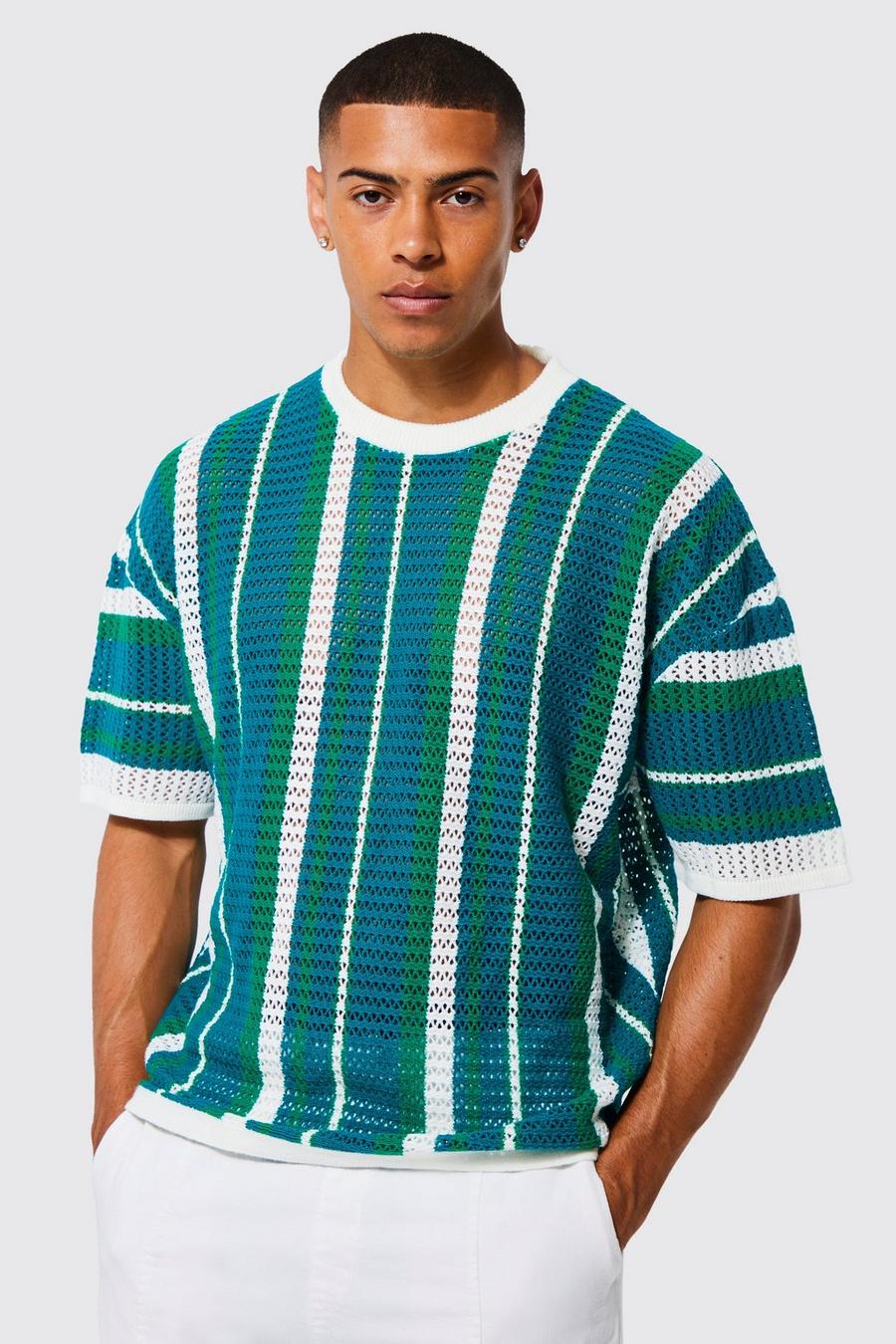 T-shirt oversize en crochet à rayures, Sage grün