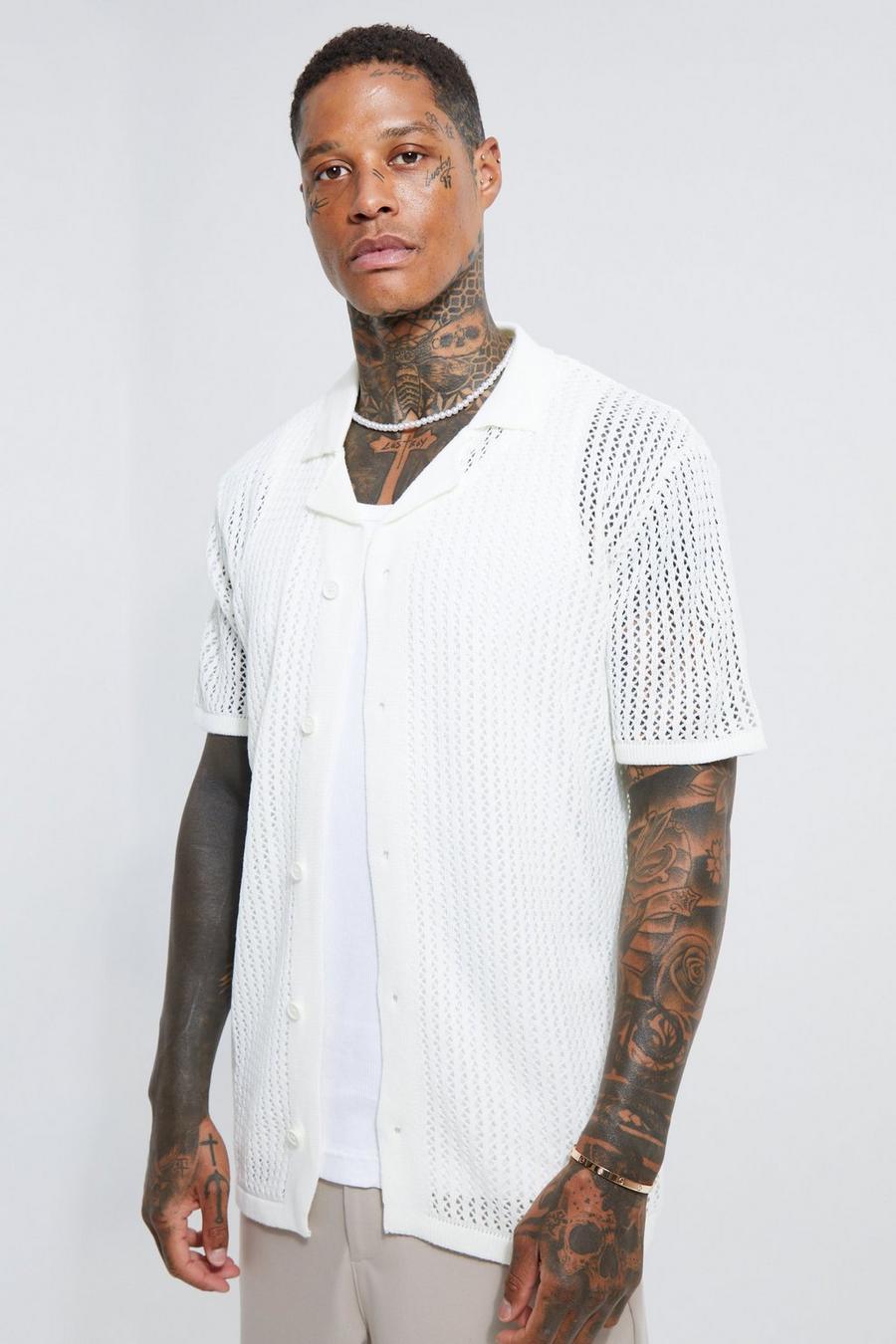 Ecru bianco Short Sleeve Revere Knitted Shirt