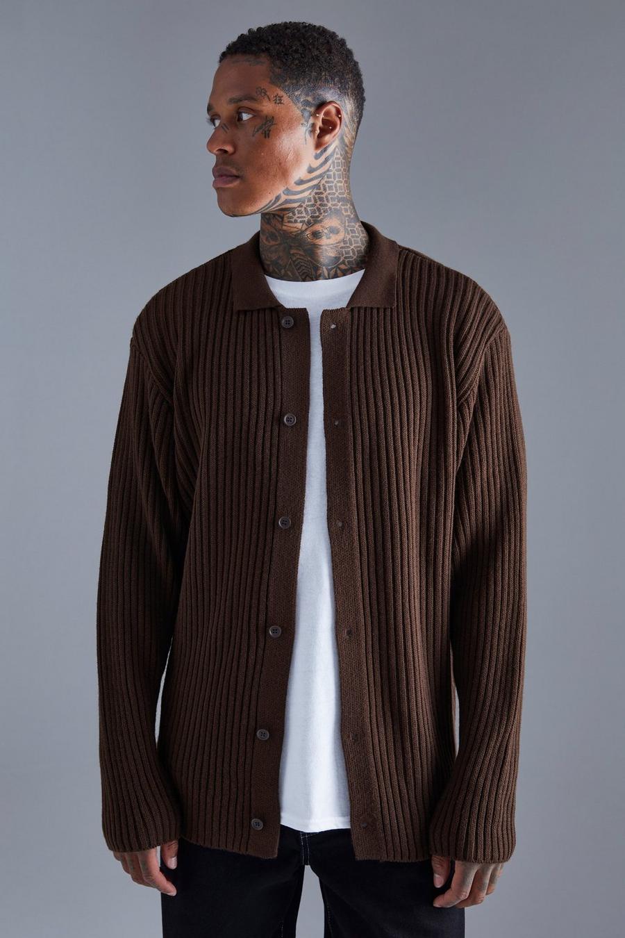 Coffee brown Oversized Button Knitted Cardigan image number 1