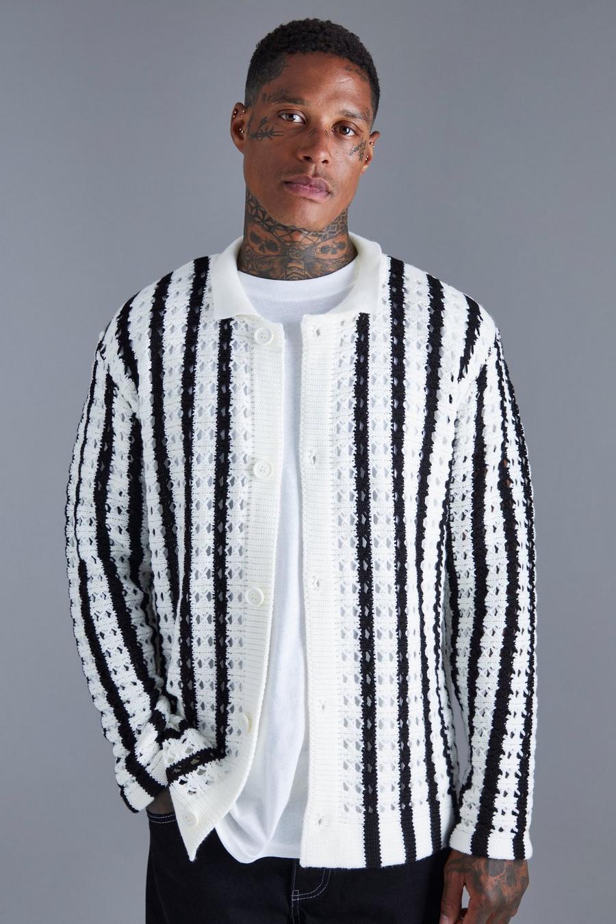 Ecru white Oversized Crochet Long Sleeve Stripe Shirt