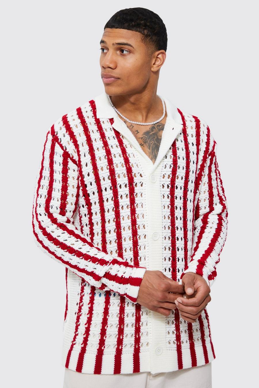 Red Oversized Open Knit Long Sleeve Stripe Shirt
