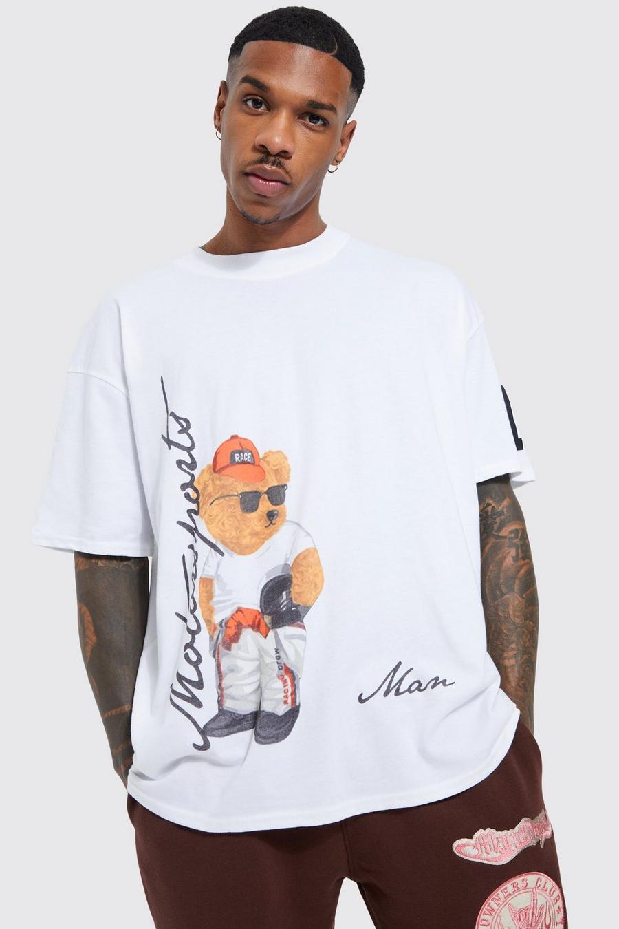 White Oversized Extended Neck Teddy Graphic T-shirt image number 1