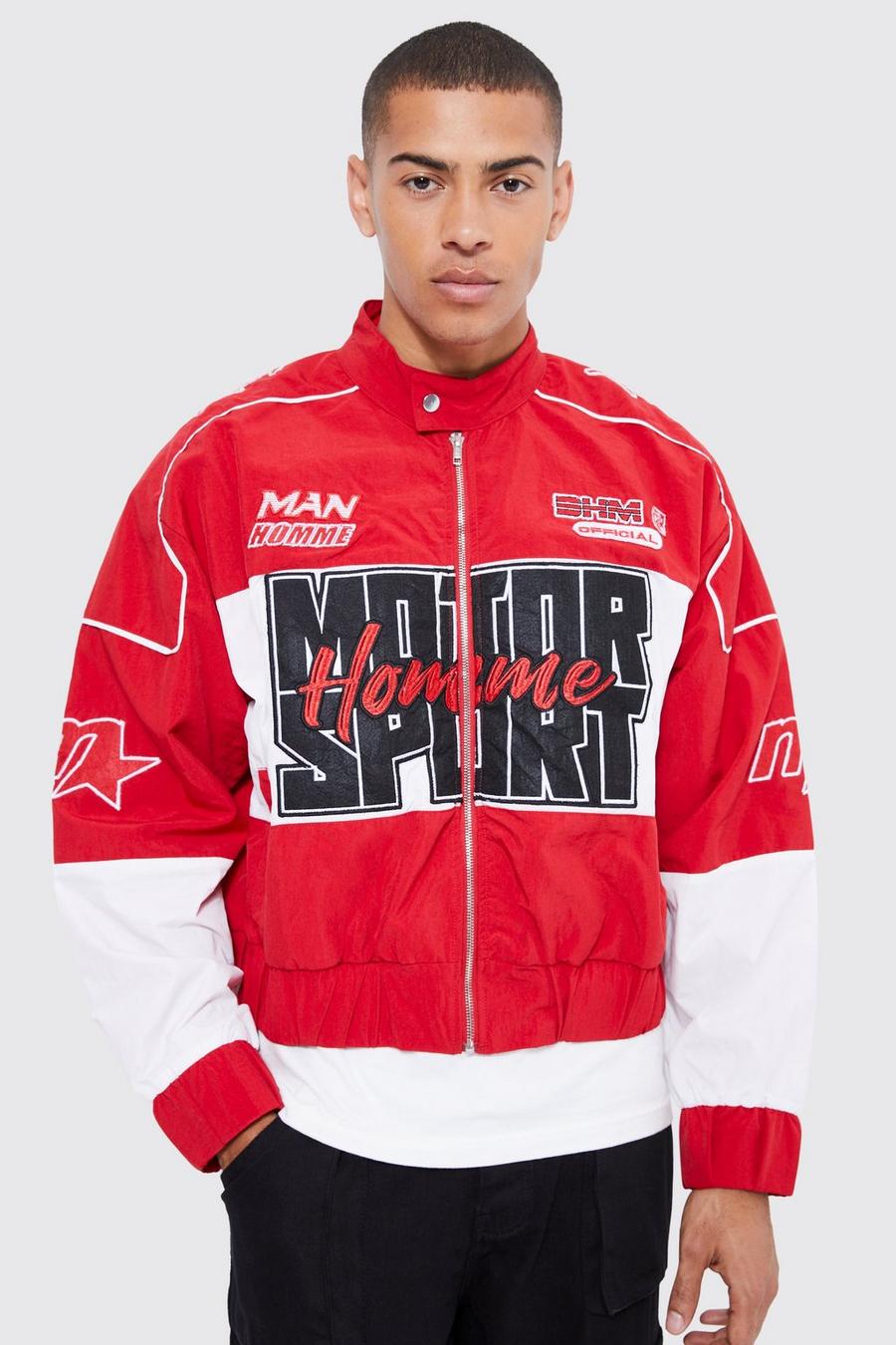 Red Boxy Washed Nylon Moto Jacket