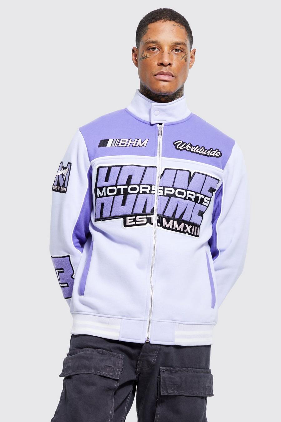 Lilac purple Funnel Neck Moto Embroidered Jersey Jacket