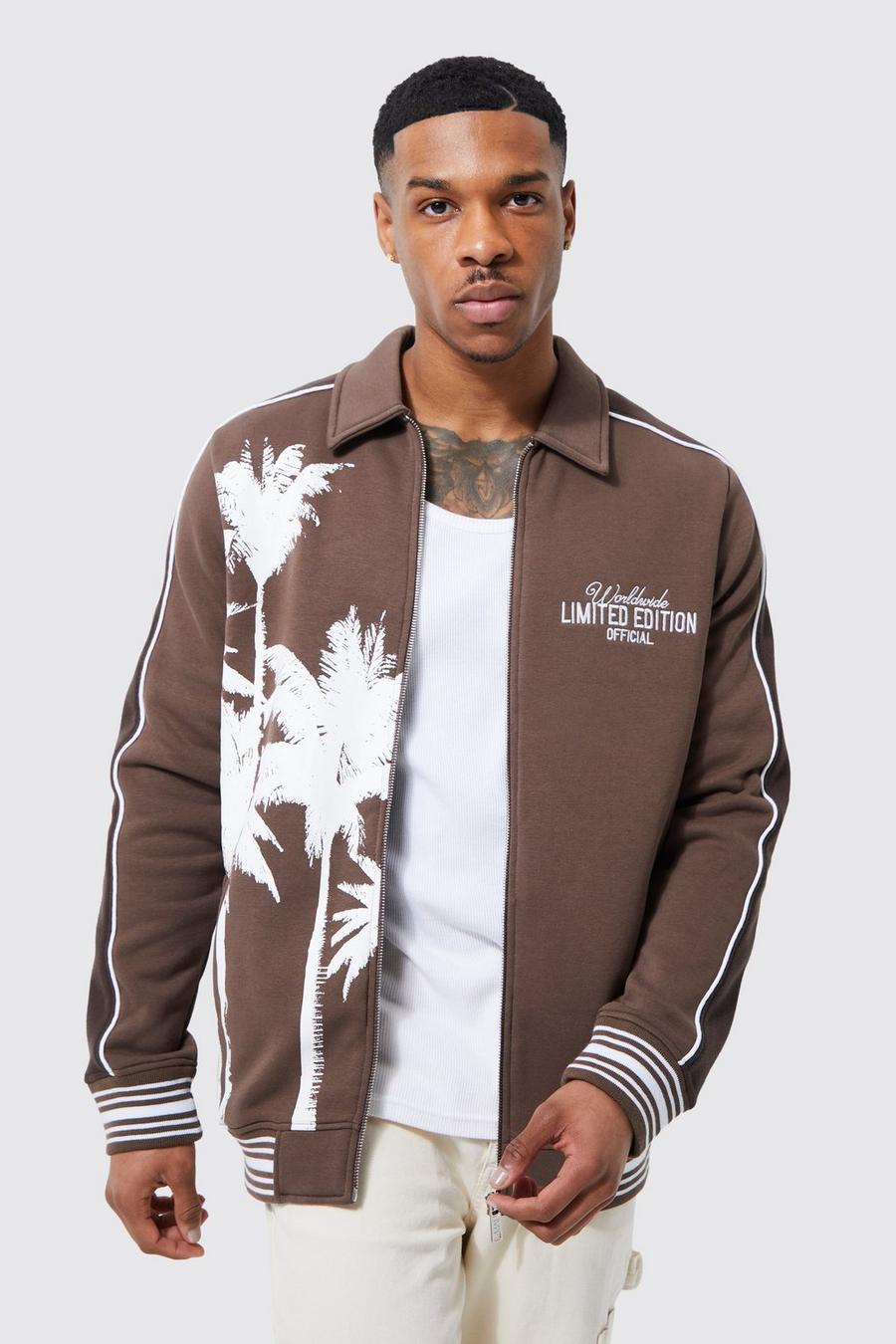 Limited Jersey Harrington-Jacke mit gespleißtem Palmen-Print, Chocolate brown