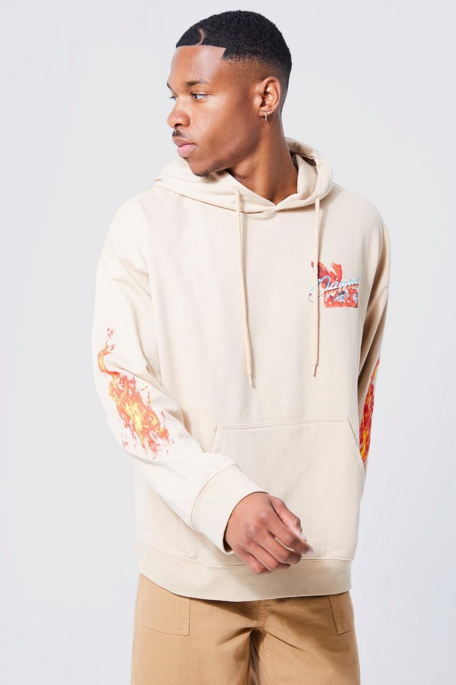 Ecru Oversized Flame Graphic Hoodie image number 1