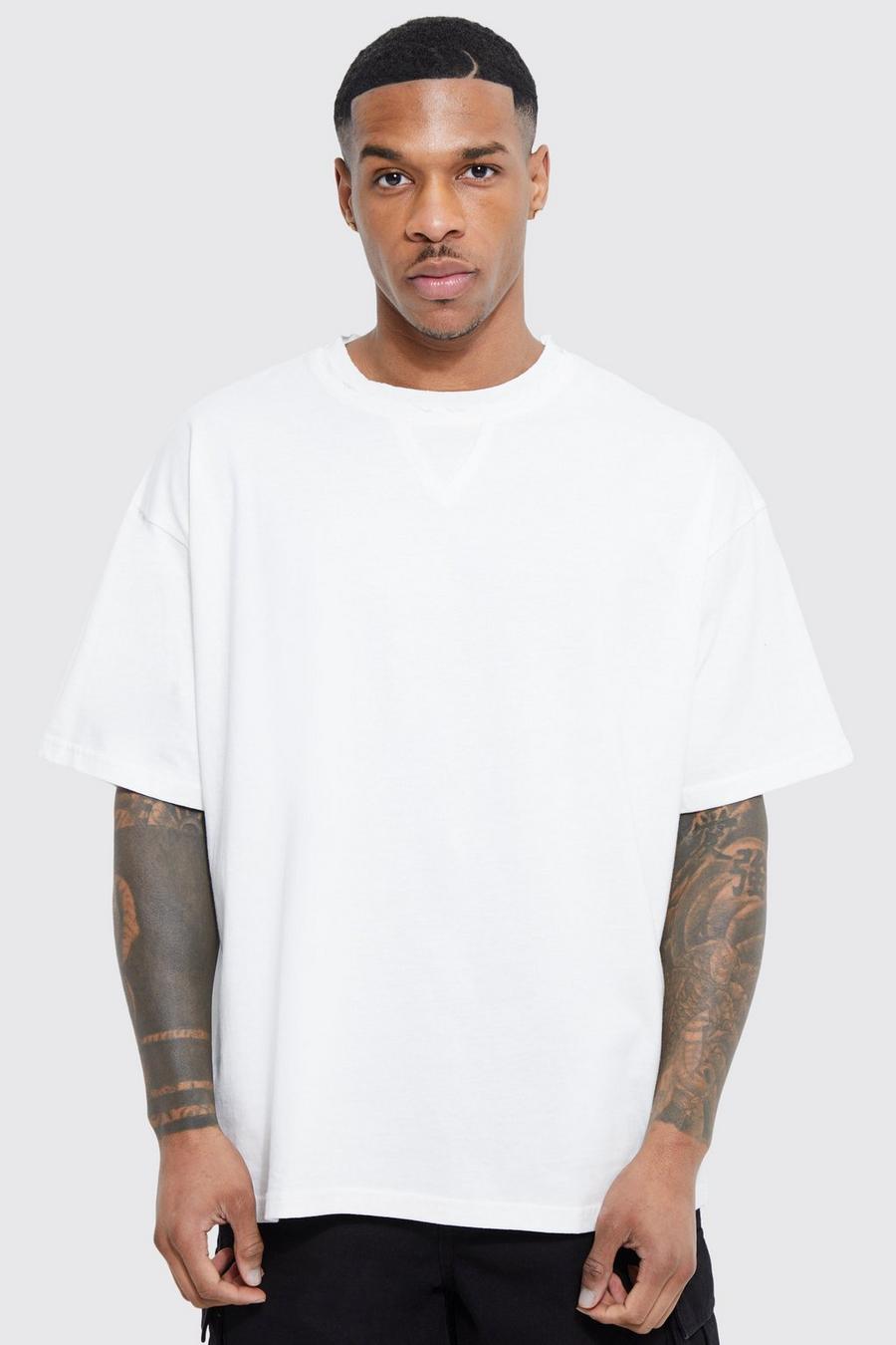 Ecru white Oversized Double Distressed Neck T-shirt