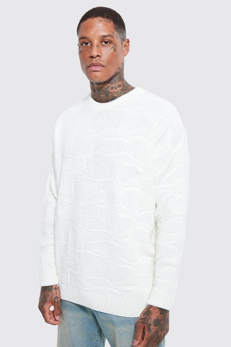 Pullover in maglia intrecciata in jacquard con motivi geometrici, Ecru blanco