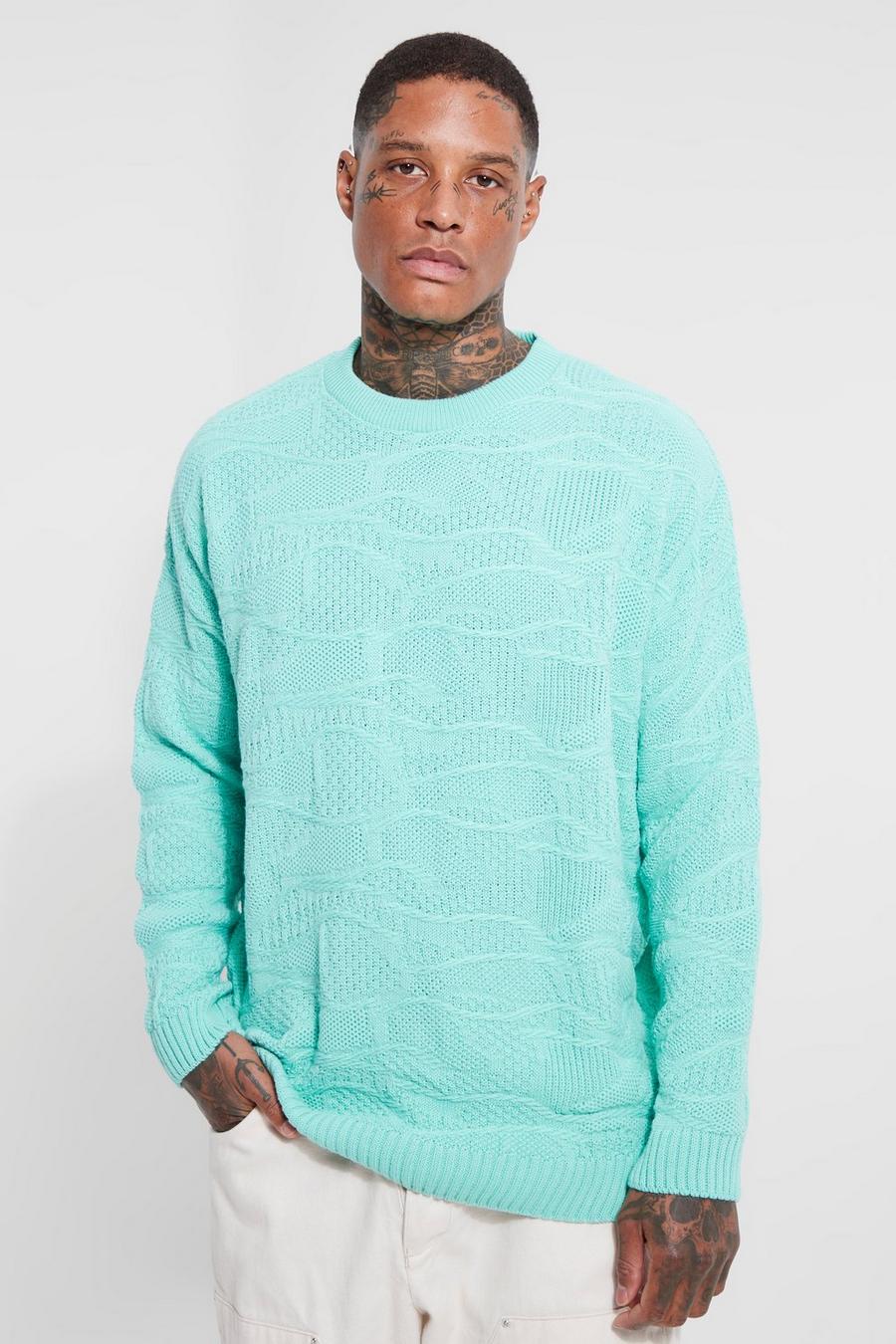 Pullover in maglia intrecciata in jacquard con motivi geometrici, Aqua azzurro