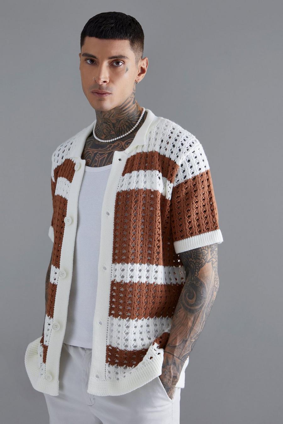 Burnt orange Open Stitch Striped Knitted Shirt image number 1