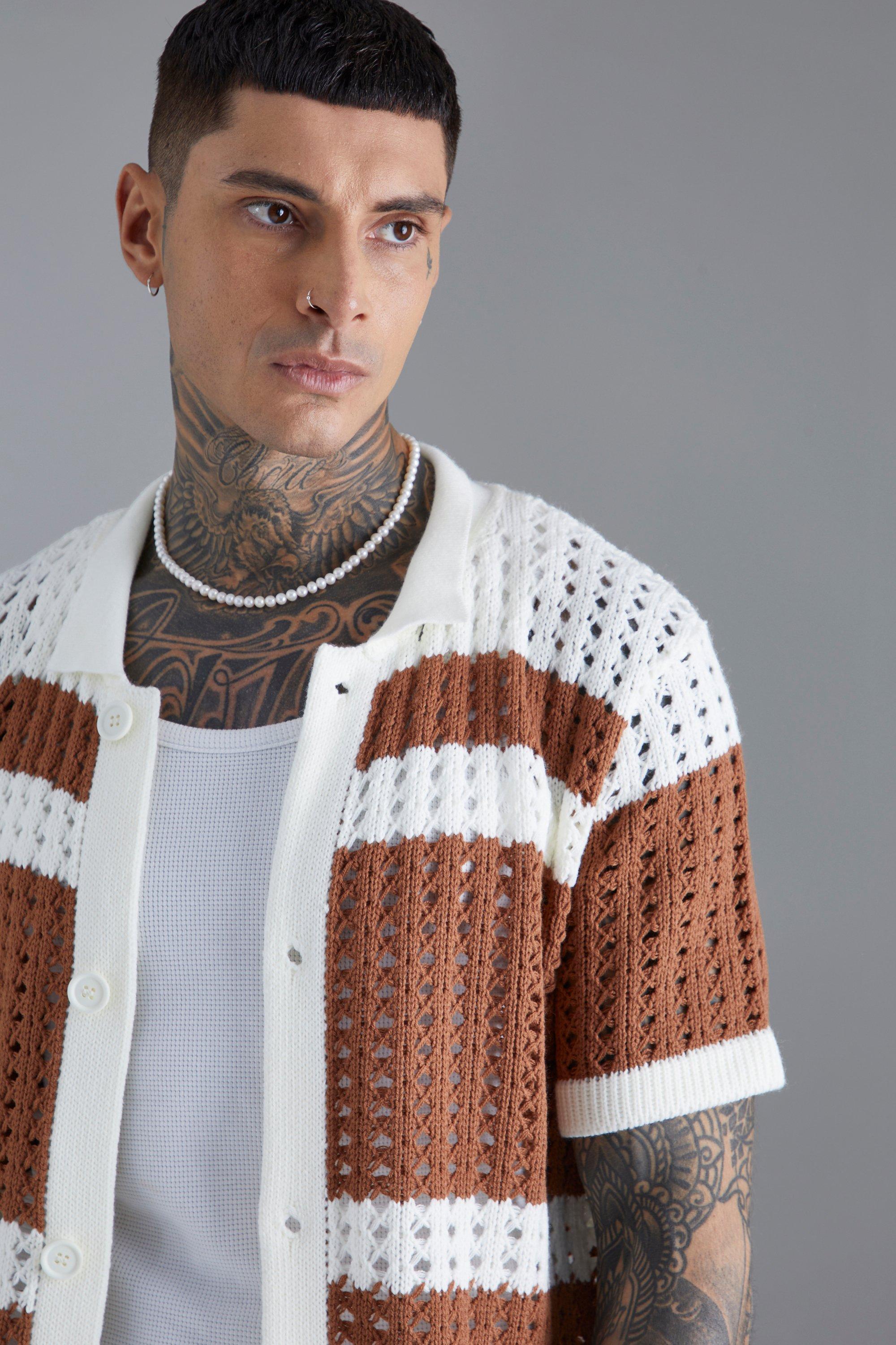 boohoo Mens Open Stitch Button Down Knitted Shirt - White XL