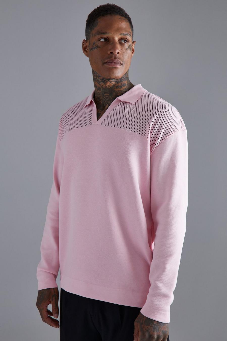 Strick-Poloshirt mit Kontrast-Naht und V-Ausschnitt, Pink