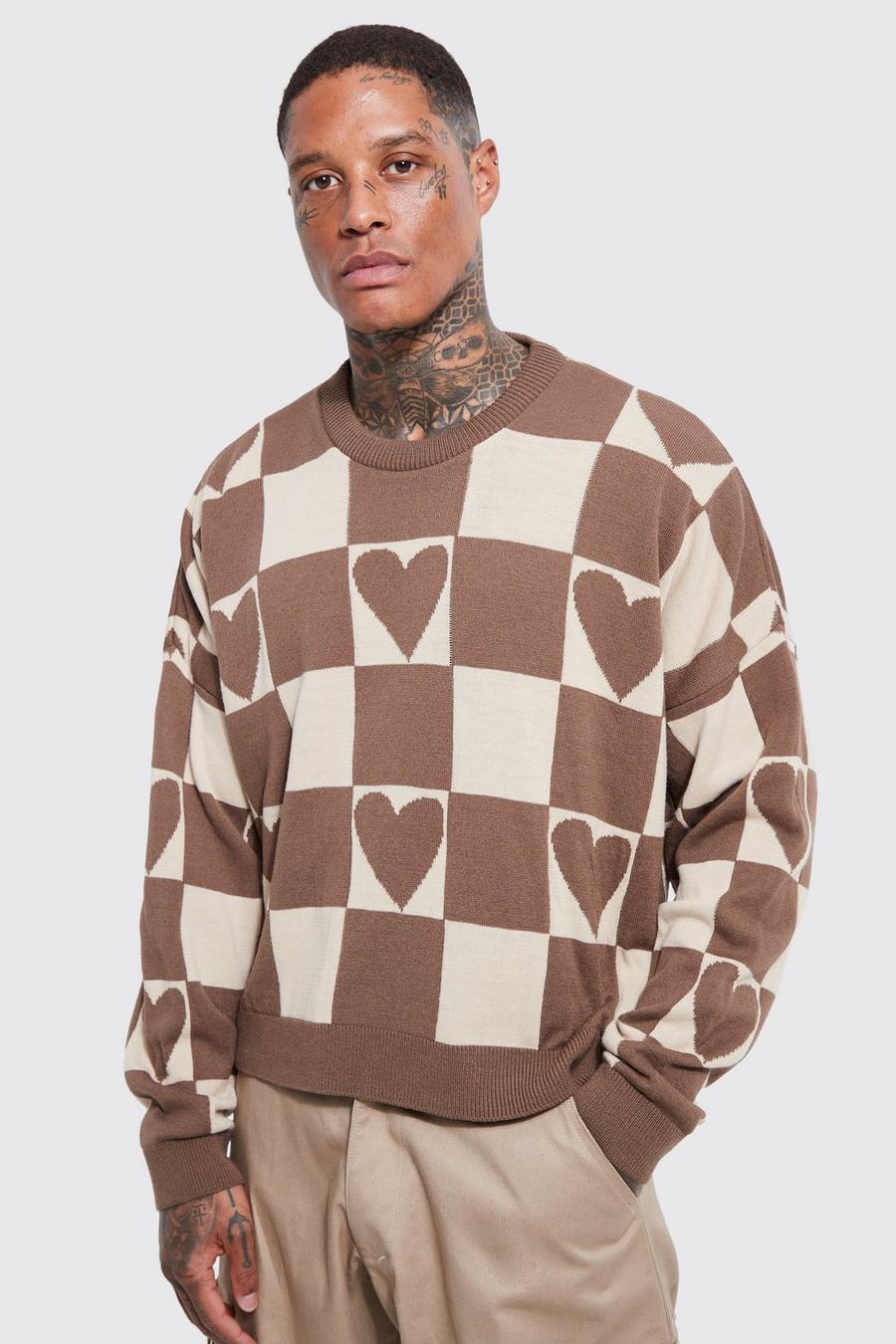 Brown Boxy Heart Checkerboard Knitted Jumper image number 1