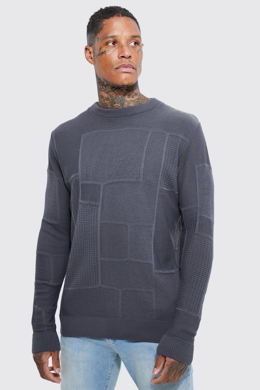 Grey Boxy Fit Patchwork Knitted Jumper image number 1
