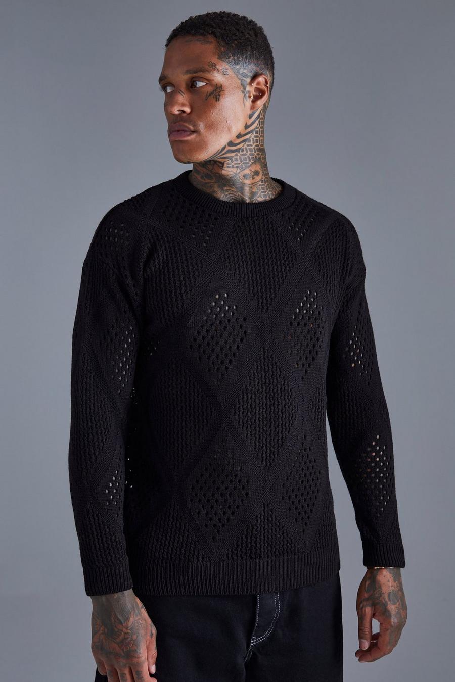 Black Diamond Open Stitch Crew Neck Knitted Jumper image number 1