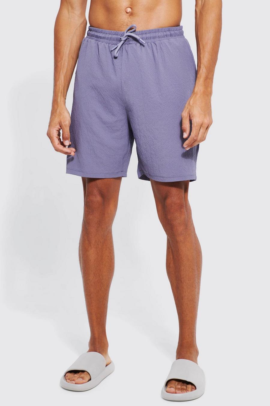 Charcoal grey Tall Mid Length Seersucker Swim Shorts