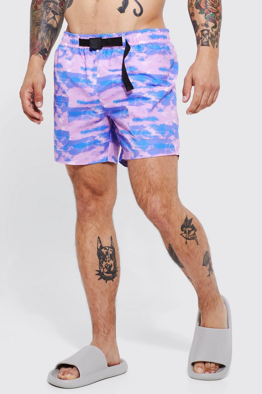 Purple Mid Length Abstract Cargo Swim Shorts image number 1