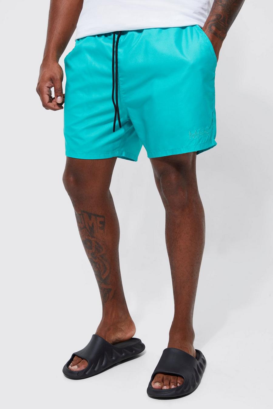 Green grön Plus Mid Length Plain Man Swim Shorts image number 1