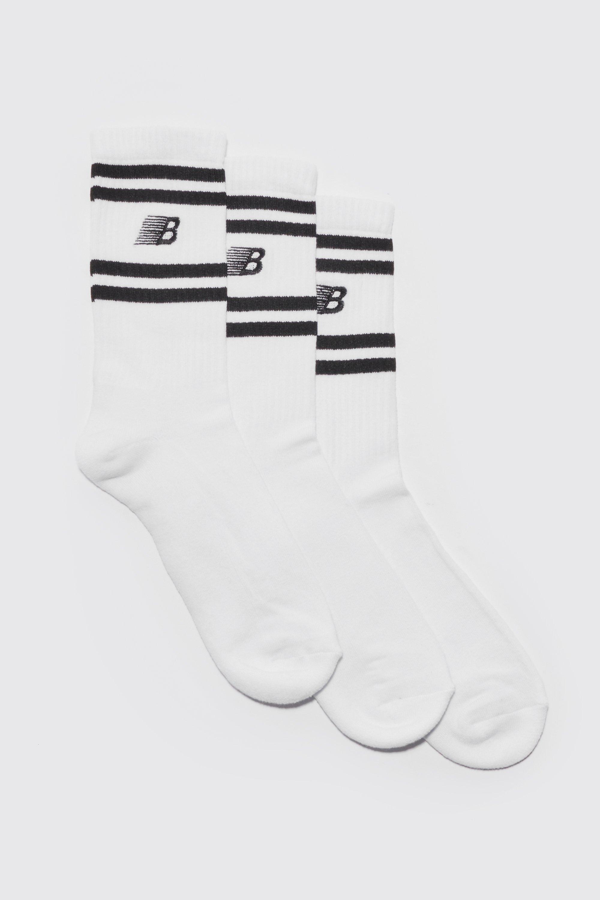 Men's 3 Pack Embroidered B Stripe Socks | Boohoo UK