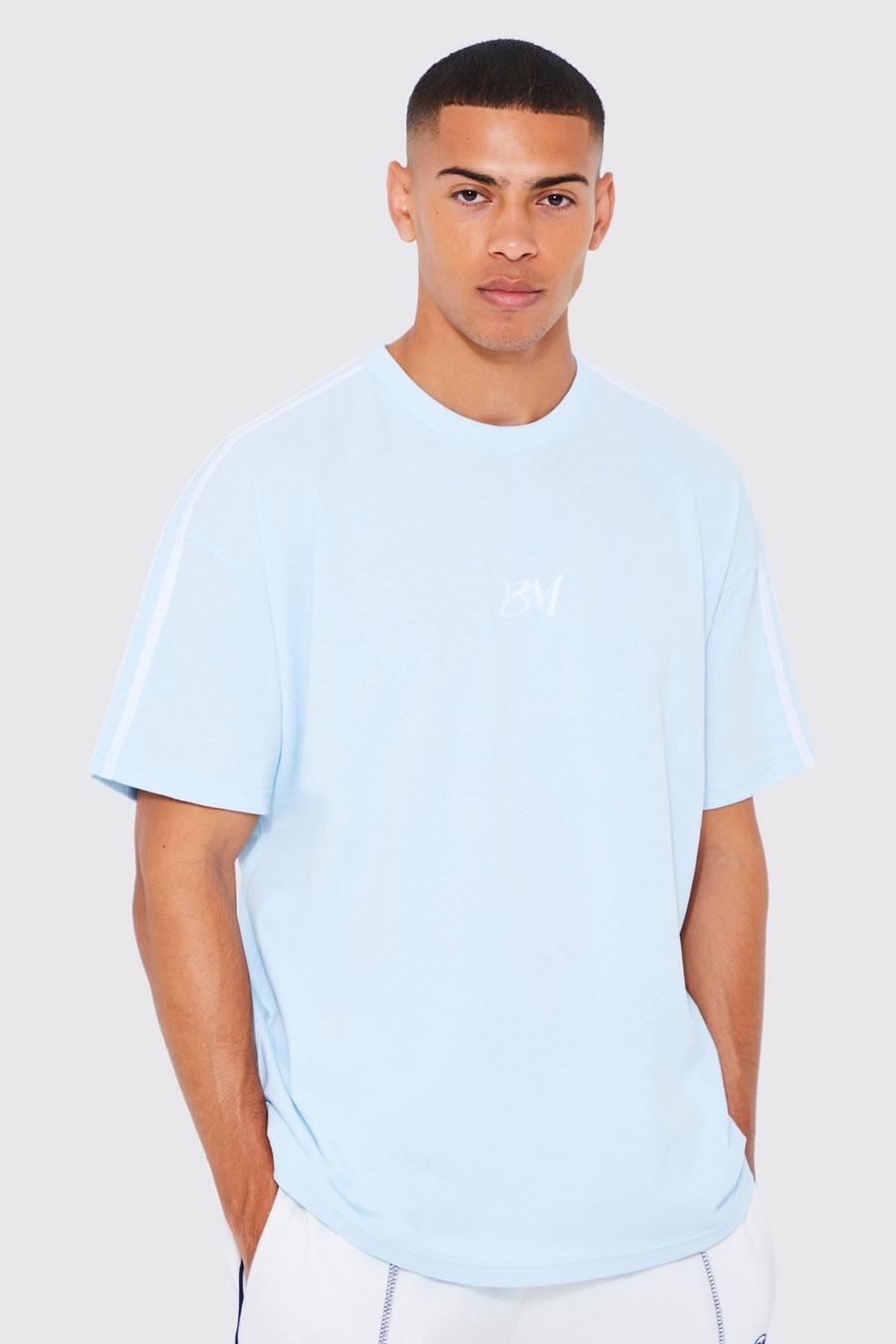 Light blue azzurro Oversized Side Stripe Embroidered T-shirt