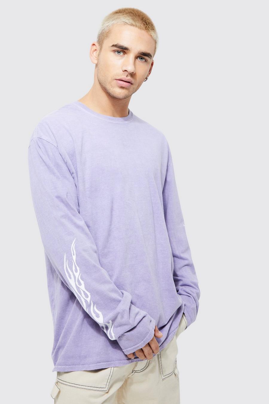 Langärmliges Oversize T-Shirt mit Flammen-Print, Lilac violet