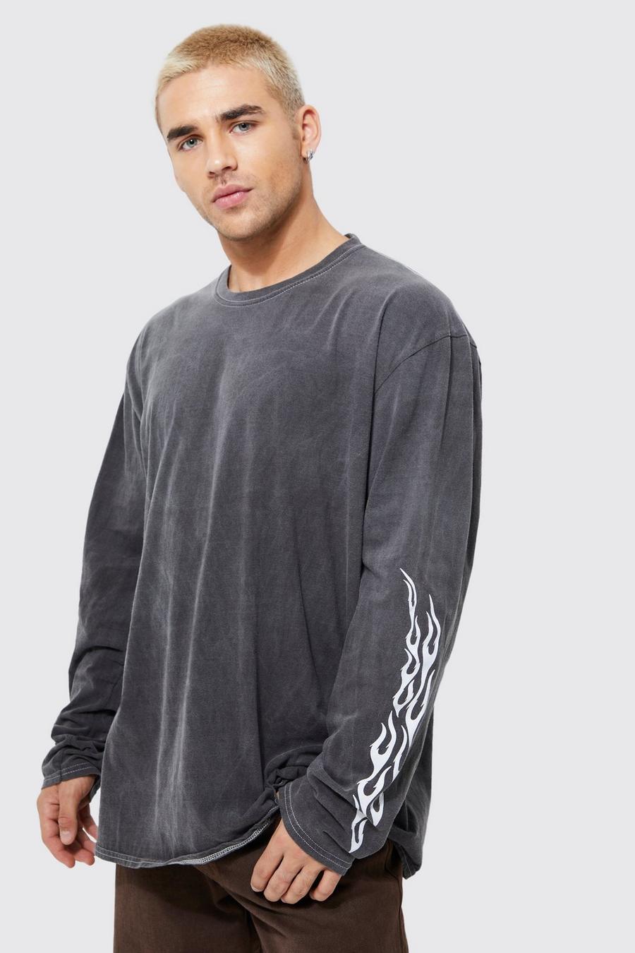 Charcoal grey Oversized Washed Flame Long Sleeve T-shirt