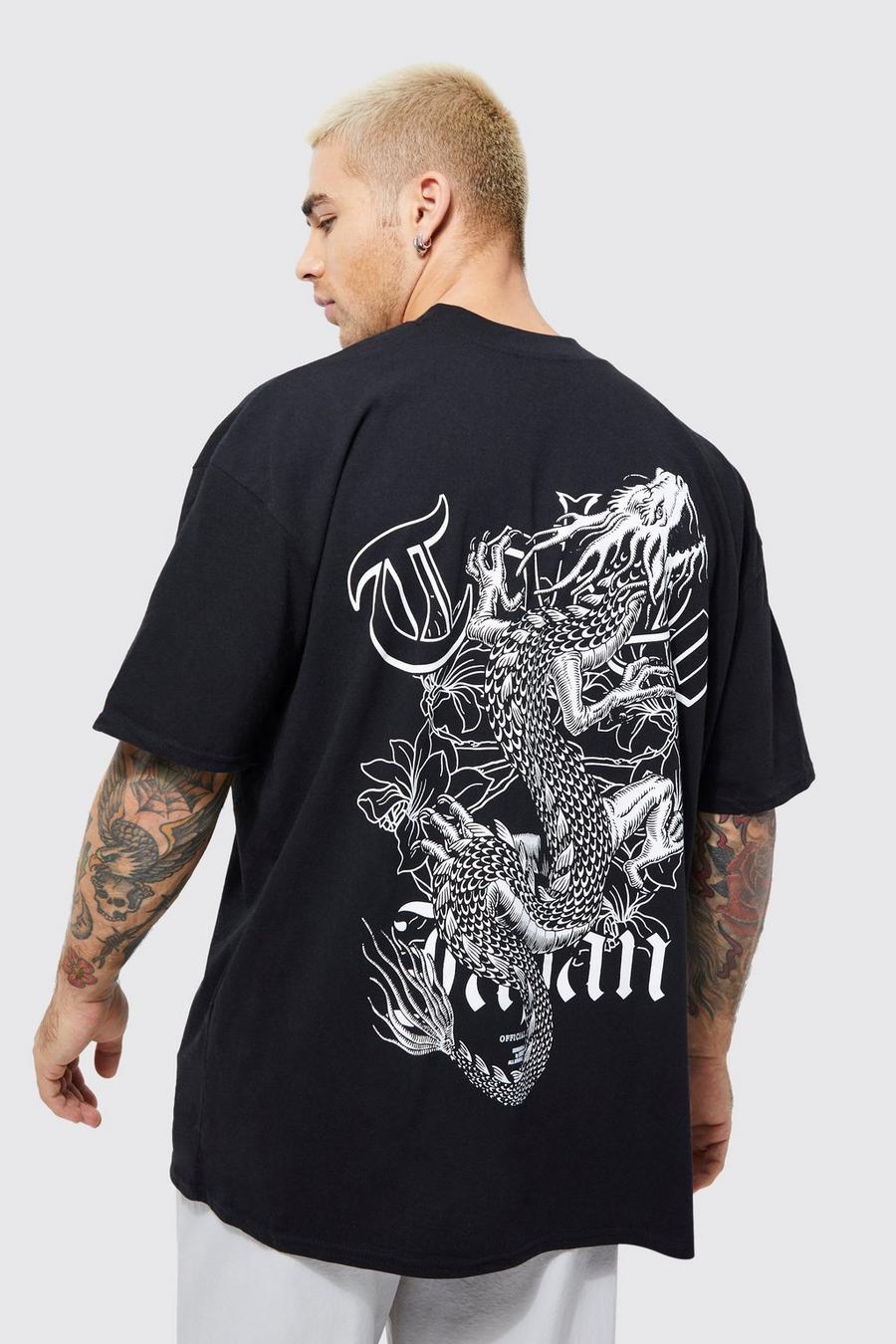 Black Oversized Extended Neck Tokyo Dragon T-shirt image number 1