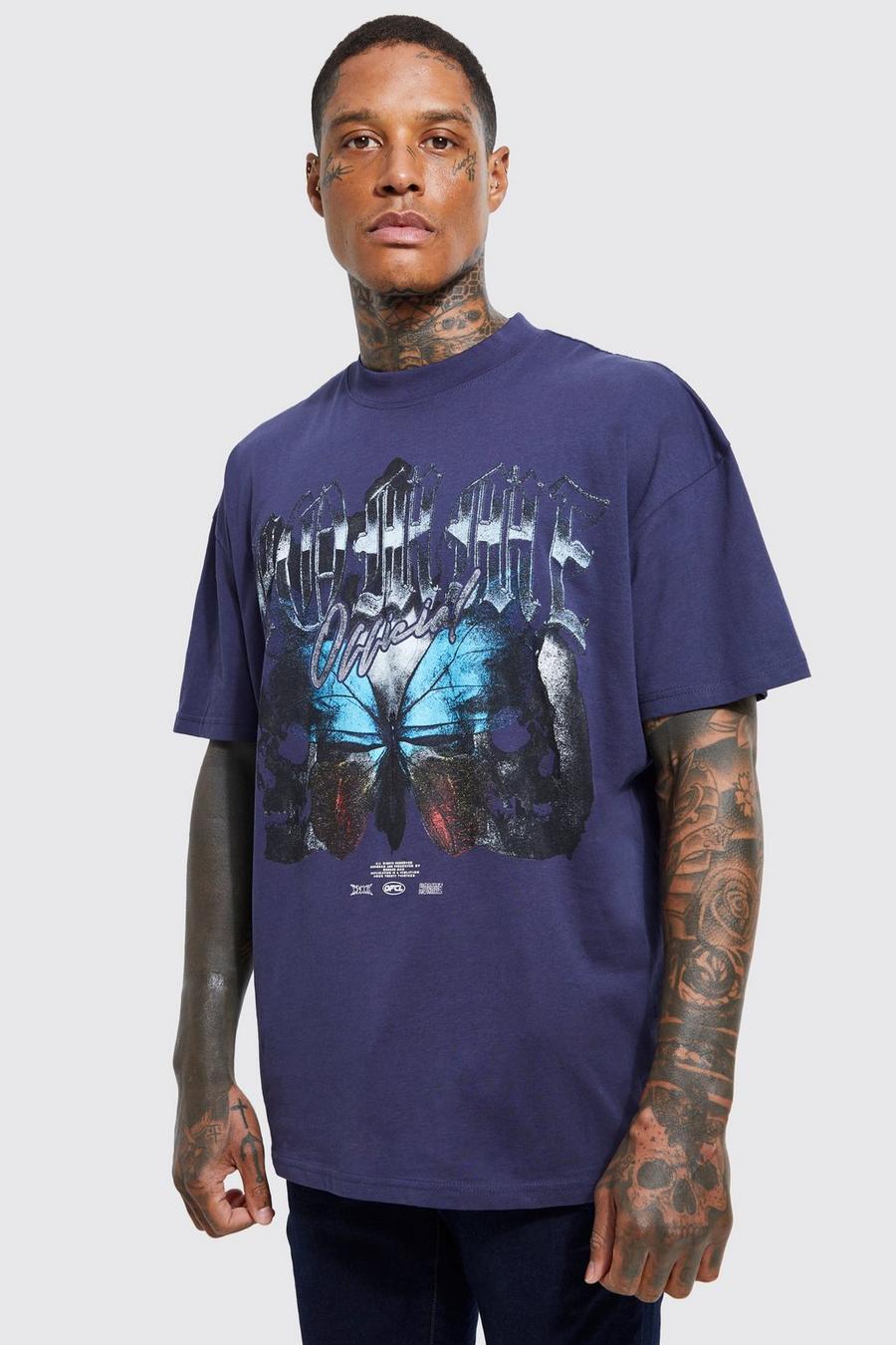 Navy Oversized Extended Neck Butterfly T-shirt image number 1