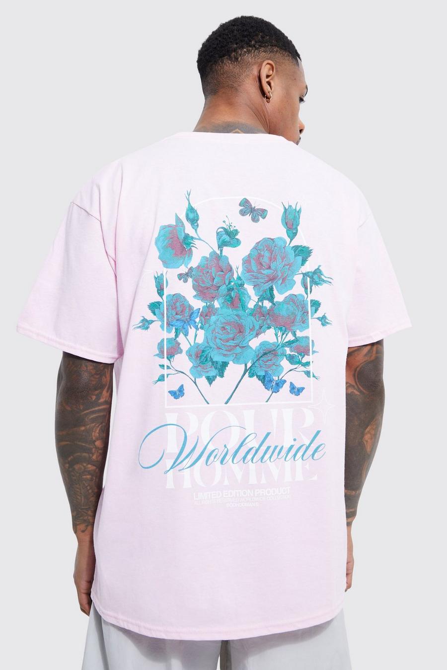 Oversize T-Shirt mit floralem Pour Homme Print, Light pink image number 1