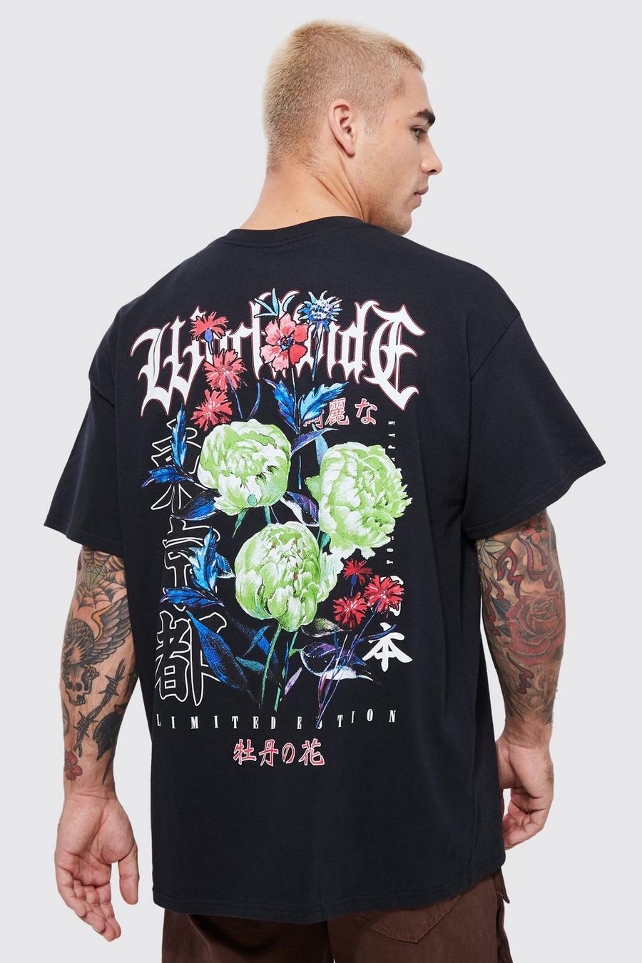 Black negro Oversized Worldwide Floral Graphic T-shirt